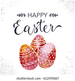 Happy Easter greeting card with hand drawn doodle eggs and lettering.