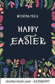 Happy Easter greeting card with hand drawn lettering and blooming flowers. Vintage poster, background, illustration