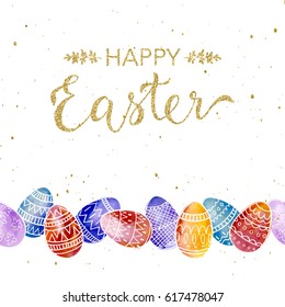  Happy Easter greeting card with hand drawn lettering and doodle eggs.