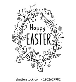 Happy Easter greeting card, hand-drawing lettering. Vector lettering with egg frame and spring flowers. Sketch for adult coloring page, greeting card, t-shirt design. Religious holiday sign.
