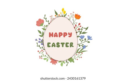 Happy Easter greeting Card, hand-drawing Lettering. Vector Typography Inscription,egg and frame with flower , vector flat illustration isolate on white.