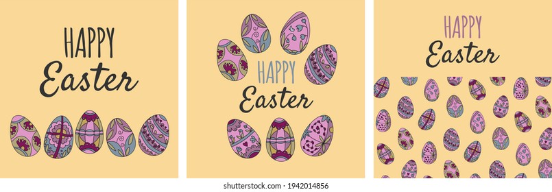 Happy Easter greeting card hand-drawn. Yellow background pink decorative eggs Easter poster design. Set of Easter templates