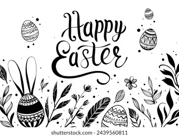 Happy Easter greeting card with hand-drawn floral elements and lettering