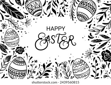 Happy Easter greeting card with hand-drawn floral elements and lettering