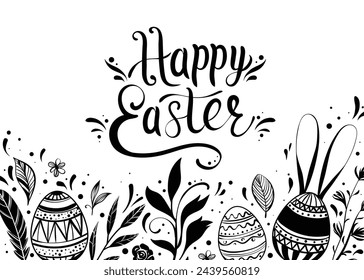 Tarjeta de felicitación de Pascua feliz con elementos florales dibujados a mano y letras