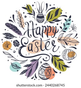 Glückliche Ostern Grußkarte mit handgezeichneten Blumenelementen und Schriftzug
