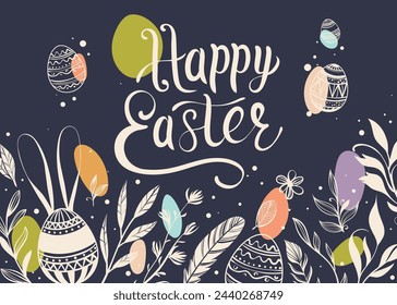 Happy Easter greeting card with hand-drawn floral elements and lettering
