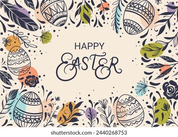 Happy Easter greeting card with hand-drawn floral elements and lettering
