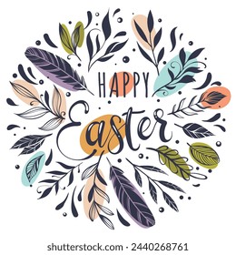 Happy Easter greeting card with hand-drawn floral elements and lettering
