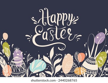 Tarjeta de felicitación de Pascua feliz con elementos florales dibujados a mano y letras
