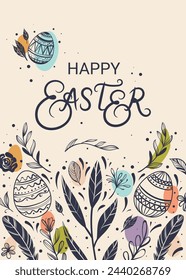 Happy Easter greeting card with hand-drawn floral elements and lettering
