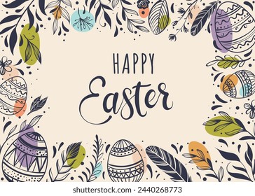 Happy Easter greeting card with hand-drawn floral elements and lettering
