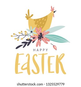 Happy Easter greeting card with handwritten phrase, hen, flowers, leaves and berries. Handwritten modern brush calligraphy.
