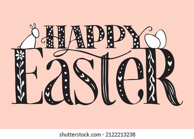 Tarjeta de felicitación de Pascua con letras escritas a mano y huevos de Pascua y conejo dibujados a mano. Fondo de vacaciones de primavera. Ilustración del vector