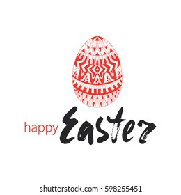 Happy Easter greeting card. Handwritten vector lettering design with ornamental egg. Calligraphic phrase.