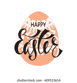 Happy Easter greeting card. Handwritten vector lettering design with ornamental egg. Calligraphic phrase.