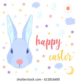 Happy easter greeting card. Handwritten happy easter quote and hand drawn rabbit for design card, invitation, t-shirt, book, banner, poster, scrapbook, album etc.