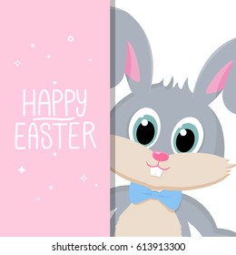 Happy Easter greeting card with handwritten holiday wishes and easter rabbit. Vector illustration.