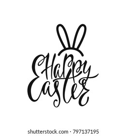 Happy Easter greeting card. Handwritten vector lettering text with bunny's ears. Calligraphic phrase. Holiday design.
