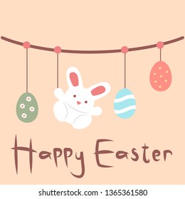 Happy Easter greeting card. Greeting Card with Hanging Easter Eggs and Cute Bunny