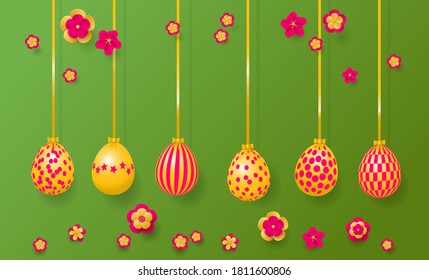 Feliz Tarjeta de Saludo de Pascua. Huevos de pascua colgando y flores. Ilustración del vector EPS10