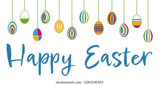 Happy Easter. Greeting card with hanging colorful Easter eggs.