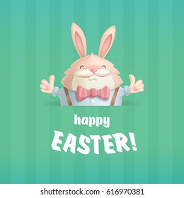 Happy Easter  greeting card with a hare on a green background, which expresses their appreciation through smiles and gesture thumbs up.