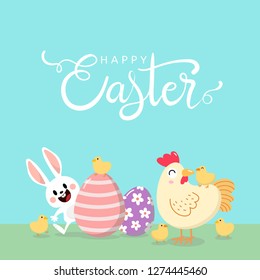 Happy Easter greeting card with hen, chick, bunny and eggs. Animal wildlife holidays cartoon character. Chicken and rabbit in spring season. Vector