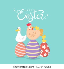 Happy Easter greeting card with hen, chick, duck and eggs. Animal wildlife cartoon character. Chicken in holidays. Vector