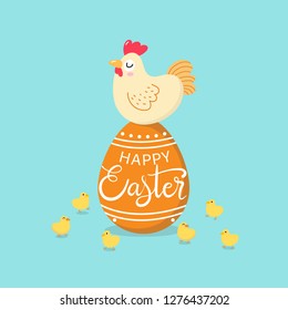 Happy Easter greeting card with hen, chick and eggs. Animal wildlife cartoon character. Chicken in holidays. Calligraphy lettering hand written. Vector