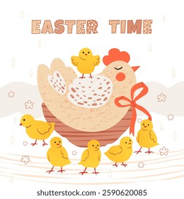 Happy Easter! Greeting card Hen with chicks. Cute children's vector illustration. Poultry, cartoon characters in the poultry yard