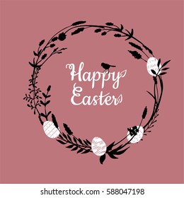 Happy Easter greeting card with herbal wreath made of hand drawn meadow flowers, field herbs, branches, twigs and Easter eggs. Botanical silhouettes. Vector illustration. 