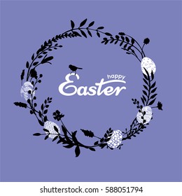 Happy Easter greeting card with herbal wreath made of hand drawn meadow flowers, field herbs, branches, twigs and Easter eggs. Botanical silhouettes. Vector illustration. 