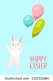 Happy Easter greeting card. Holiday illustration with bunny and balloons.