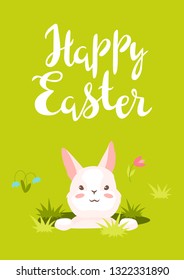 Happy Easter greeting card. Holiday illustration with bunny and eggs.