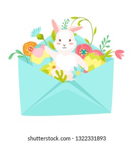 Happy Easter greeting card. Holiday illustration with bunny in envelope.