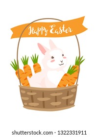 Happy Easter greeting card. Holiday illustration with bunny and carrot in bucket.