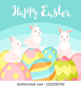 Happy Easter greeting card. Holiday illustration with bunny and eggs.