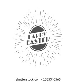 Happy Easter Greeting Card. Holiday Vector Illustration With Egg, Lettering Composition And Sun Rays. Vintage Festive Label