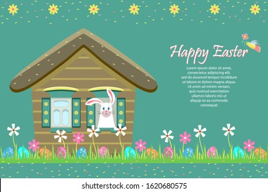 Happy Easter greeting card, holiday invitation. Fairytale house, an Easter bunny peeps out the window. Painted eggs are hidden in the grass with flowers. Sale, children's egg hunt. Vector illustration