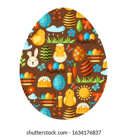 Happy Easter greeting card with holiday items. Decorative symbols and objects, eggs, bunnies.