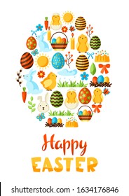 Happy Easter greeting card with holiday items. Decorative symbols and objects, eggs, bunnies.