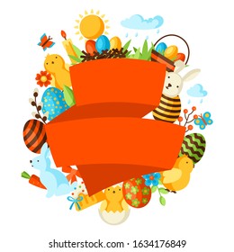 Happy Easter greeting card with holiday items. Decorative symbols and objects, eggs, bunnies.