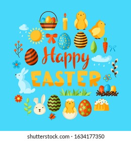 Happy Easter greeting card with holiday items. Decorative symbols and objects, eggs, bunnies.