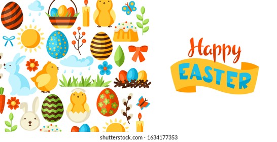 Happy Easter greeting card with holiday items. Decorative symbols and objects, eggs, bunnies.