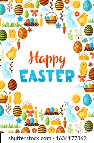 Happy Easter greeting card with holiday items. Decorative symbols and objects, eggs, bunnies.