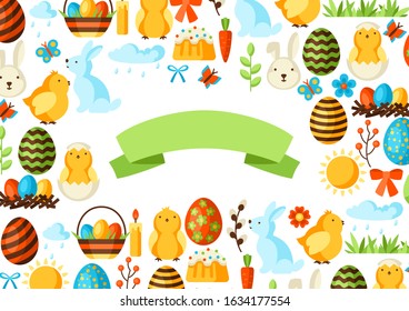 Happy Easter greeting card with holiday items. Decorative symbols and objects, eggs, bunnies.