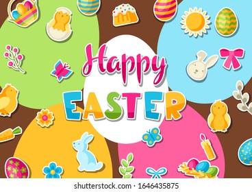 Happy Easter greeting card with holiday stickers. Decorative symbols and objects, eggs, bunnies.