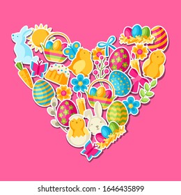 Happy Easter greeting card with holiday stickers. Decorative symbols and objects, eggs, bunnies.