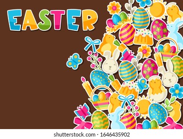 Happy Easter greeting card with holiday stickers. Decorative symbols and objects, eggs, bunnies.